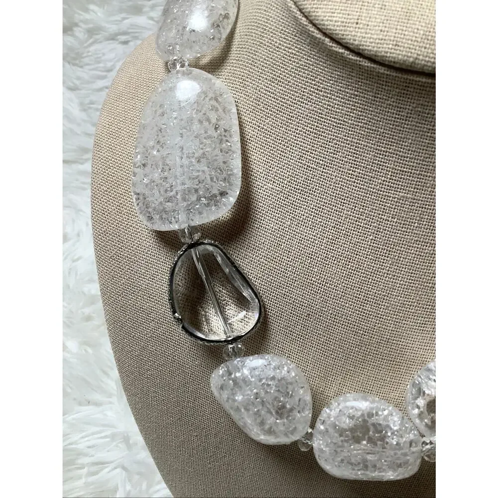 RJ Graziano Chunky Clear White Crackle Lucite Bead Statement Necklace F18-63